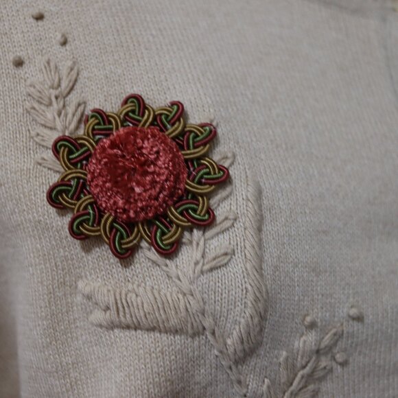 Liz Claiborne Cream Floral Appliqué Cotton Rayon Cardigan L Full Back Embroidery - Picture 5 of 16